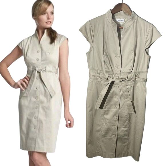Calvin Klein Dresses & Skirts - NWOT Calvin Klein Khaki Belted TieWaist Womens Career Dress SIZE 10 Safari Midi
